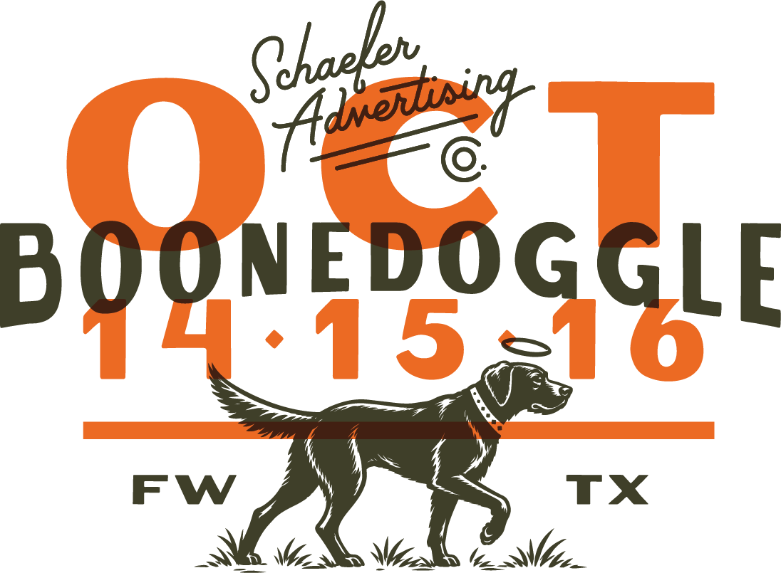 Schaefer Advertising Boonedoggle, October 14, 15 and 16, Fort Worth, Texas. Boone stands beneath the event lettering.
